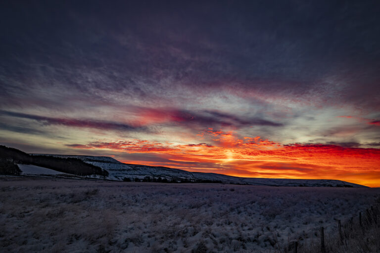 Snow over the pennines has settled for a few days, giving the landscapes a less barren look.  Dramatic sunrises and striking colours contrast with softer white fields.