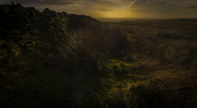 Rapidly fading light has created some dramatic landscapes around Rivington.  Views as far as Blackpool are clear as the storm clouds roll over Winter Hill and leave behind a hazy horizon.