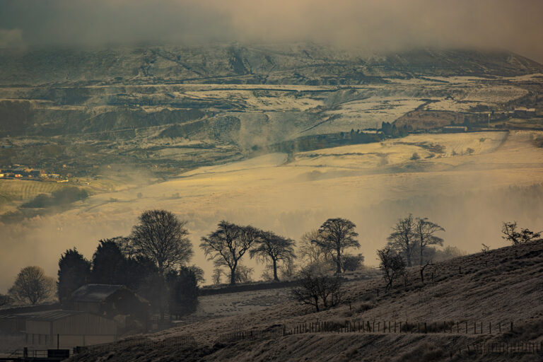 A really cold and frosty morning at Calf Hey in the grip of winter.  Everywhere has a touch of white frost adding a cold feel to the landscape.