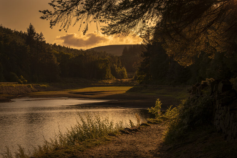 Entwistle Reservoir with the water at a very low level.  The lowest I have ever seen the water during the last few years.  At the golden hour the sun has created some striking images that are helped by the exposed areas that are usually under water.