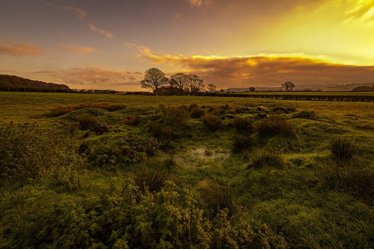 An early morning gap in the rain lets the sun appear above the clouds lining the horizon.  Strong sunlight lights up the clouds and drifts across the wet landscape creating some dramatic images.