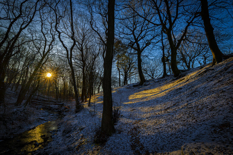 The first snow of the year early in the morning.  As the low sun skims the landscape the countryside looks bleak and deserted.