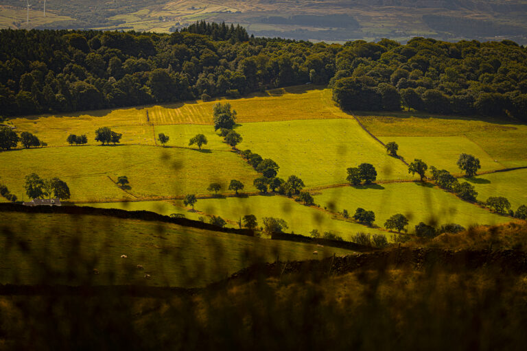 The Nick Of Pendle on a very changeable weather day.  Rapidly moving clouds cast a patchwork of shadows across the fields and hills.