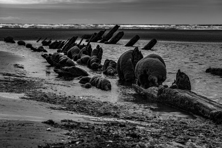 At low tide on the beach near Anchorsholme in Blackpool.  Every time the tide is out a wreck is revealed and looks very dramatic rising our from the sand.  Sea defences are being built which adds to the new look of the beach.
